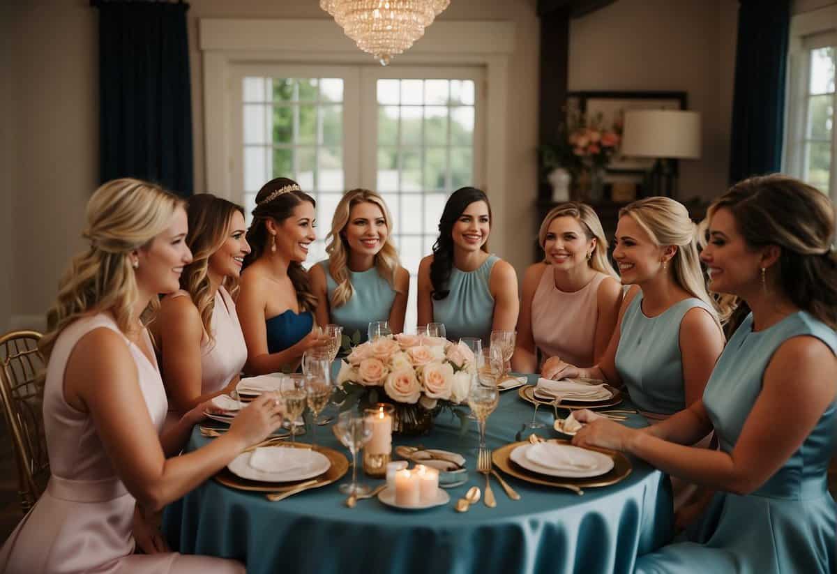 A group of bridesmaids gather around a table, discussing and debating who will cover the costs of the upcoming bridesmaid party
