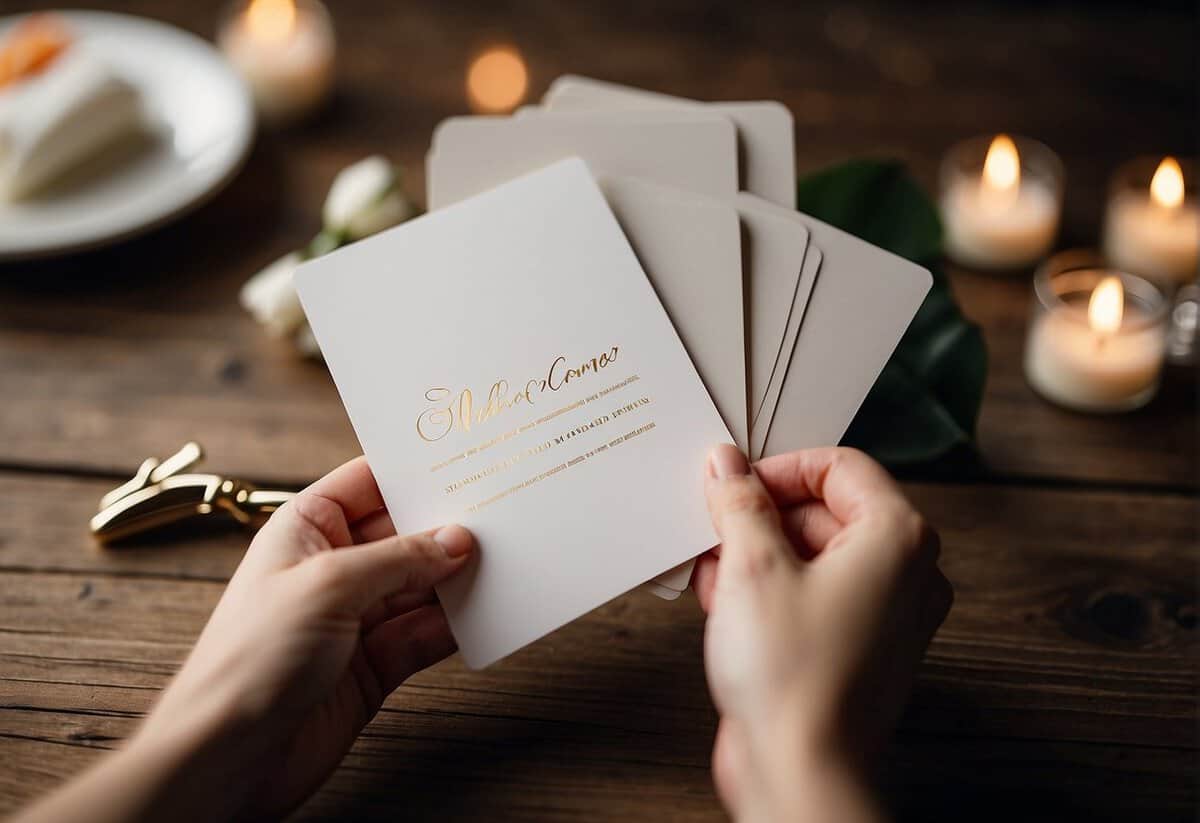 A hand holding a pen writing a wedding card with a blank space for the message and a stack of cards nearby