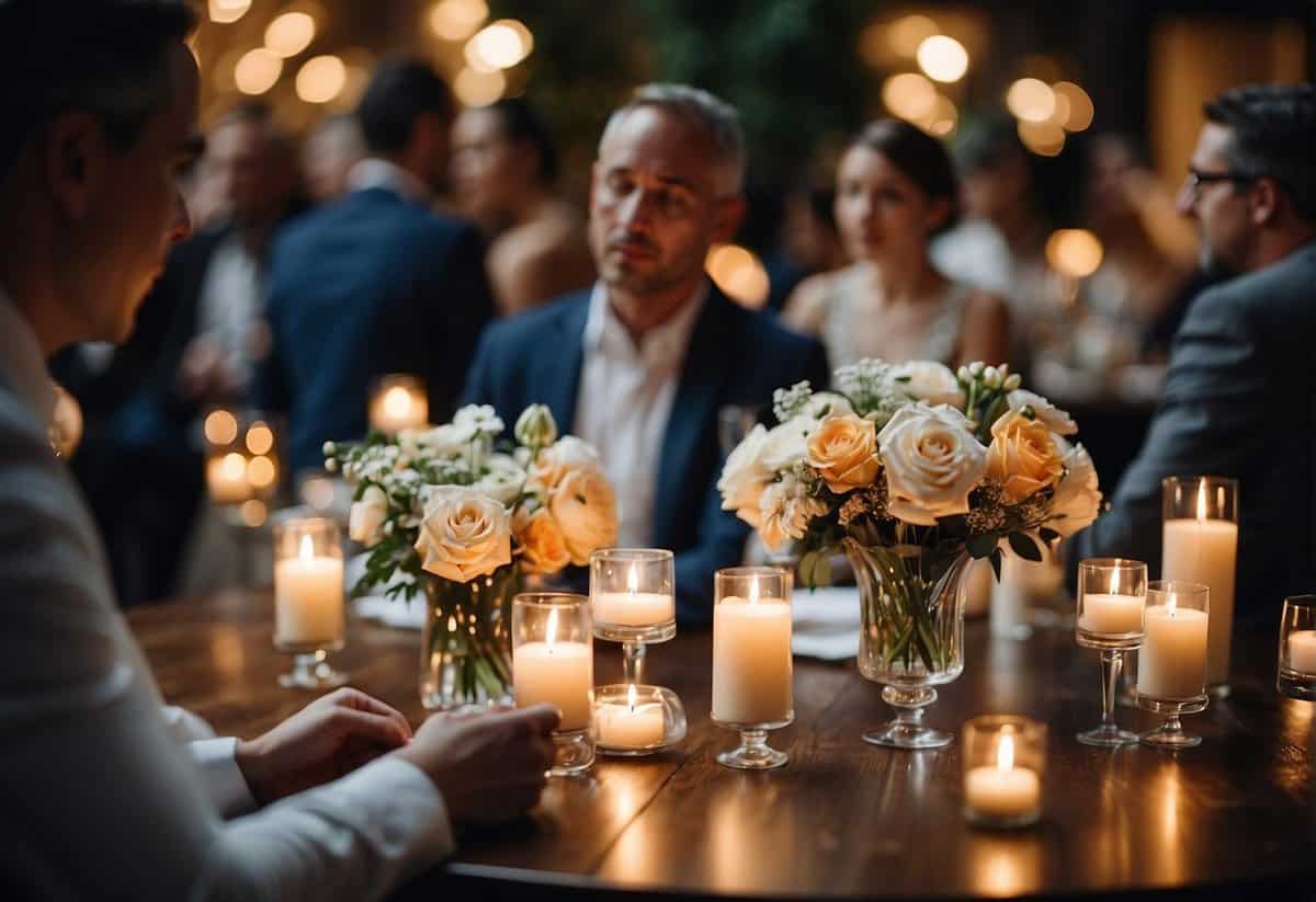 Guests exchanging wedding cards, pondering how much to write. Tables adorned with flowers and candles, creating a warm and elegant atmosphere