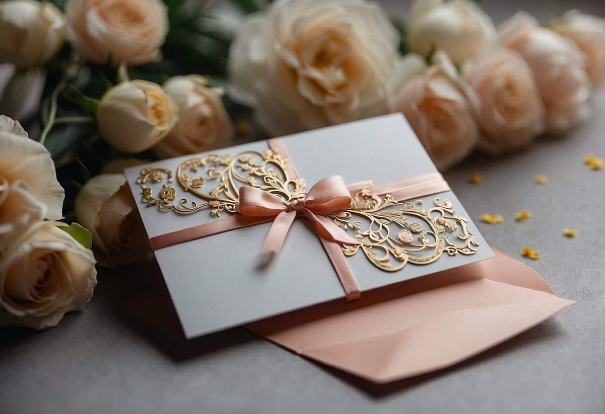 A wedding card with a pen and envelope, surrounded by flowers and wedding decor