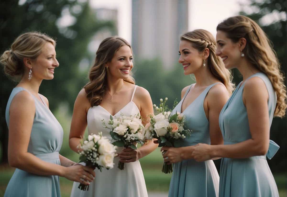 Bridesmaids discussing wedding expenses, holding dresses and accessories