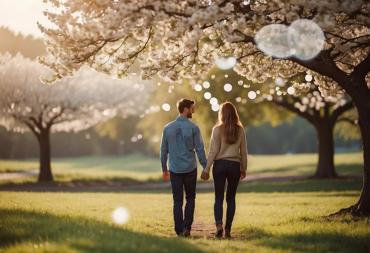 A couple holding hands, standing under a blooming tree with a quote bubble above them saying "Love is a journey, not a destination."