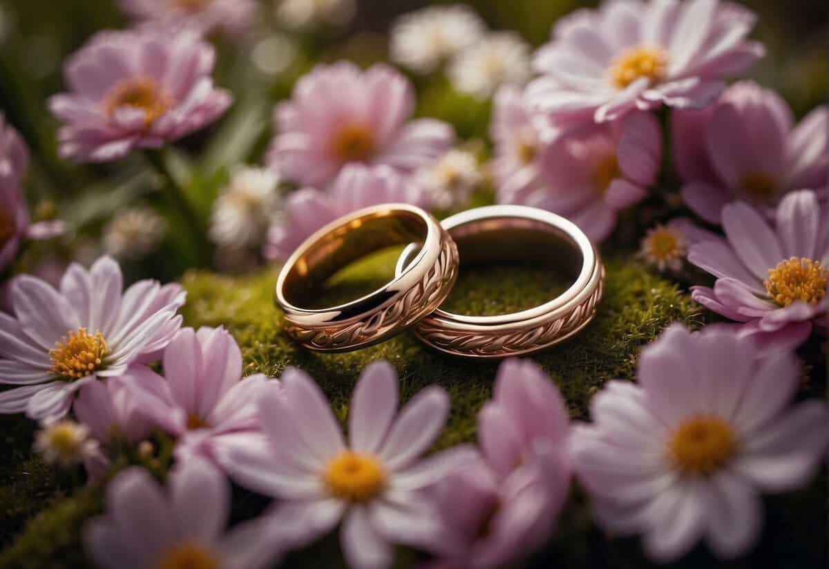 A pair of intertwined wedding rings resting on a bed of colorful flowers, symbolizing love and unity