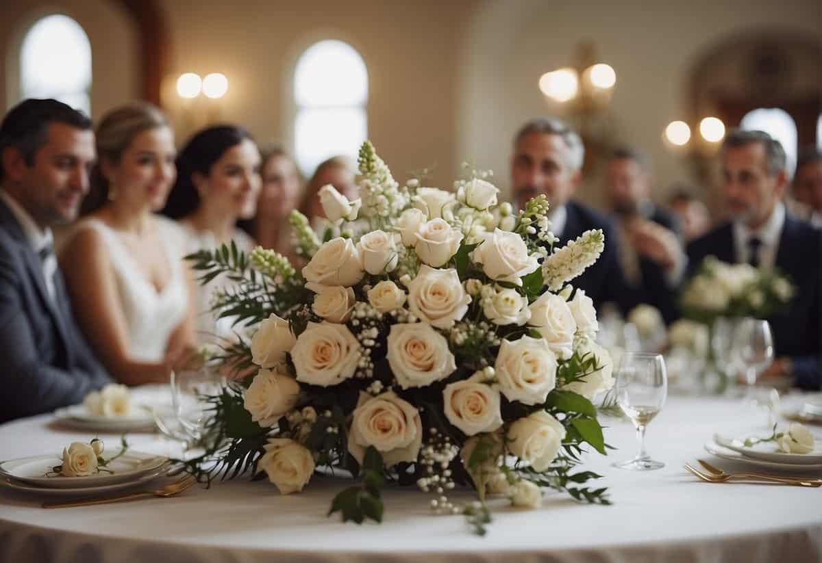 The bride's bouquet lies on a table, surrounded by curious onlookers. A heated discussion ensues about who should foot the bill