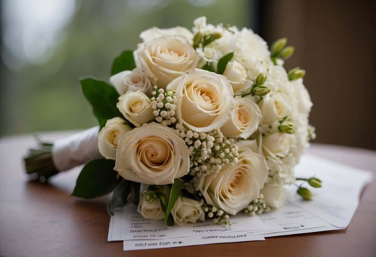 The bride's bouquet sits on a table with a bill next to it, indicating the specific floral expenses that need to be paid for
