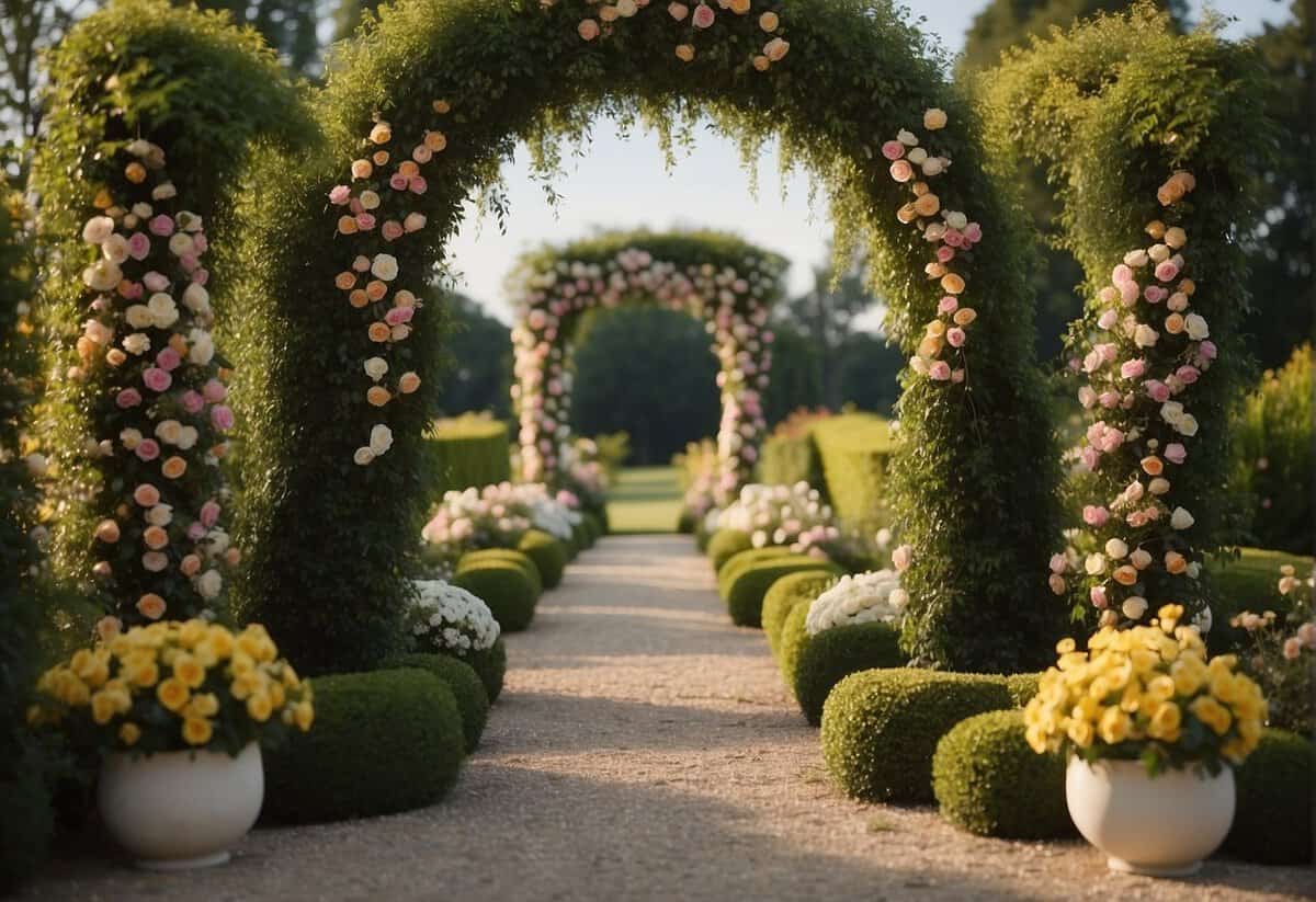 Garden filled with blooming flowers, neatly trimmed hedges, and a decorative archway adorned with ribbons and lights for a wedding celebration