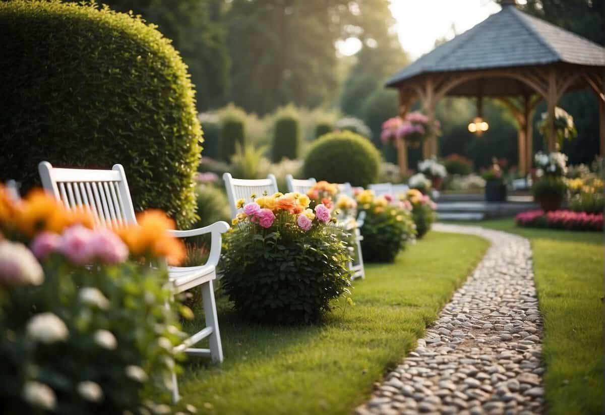 A beautifully decorated garden with colorful flowers, elegant seating, and a romantic ambiance, creating the perfect setting for a wedding ceremony