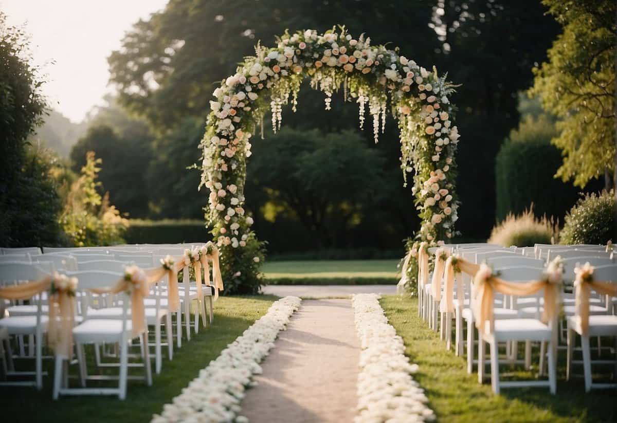 A garden wedding set-up with flowers, chairs, and an arch adorned with ribbons and lights