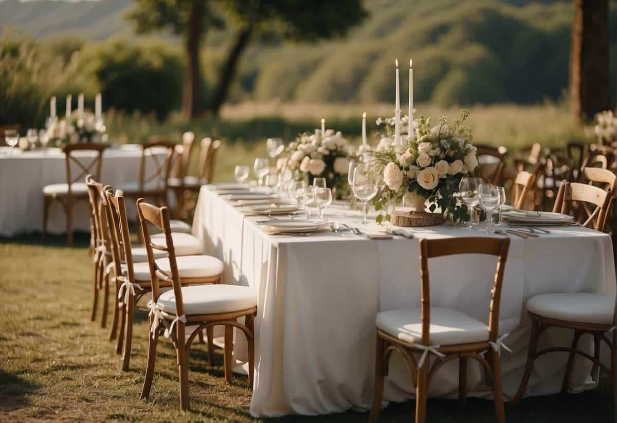 A simple table set for a wedding, with two chairs and an officiant standing ready to perform the ceremony