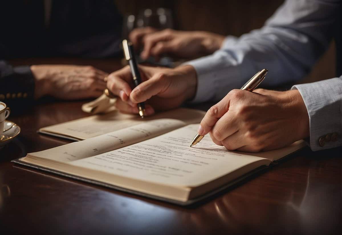 Two figures signing marriage documents at a table, with an open book of legal requirements and a pen