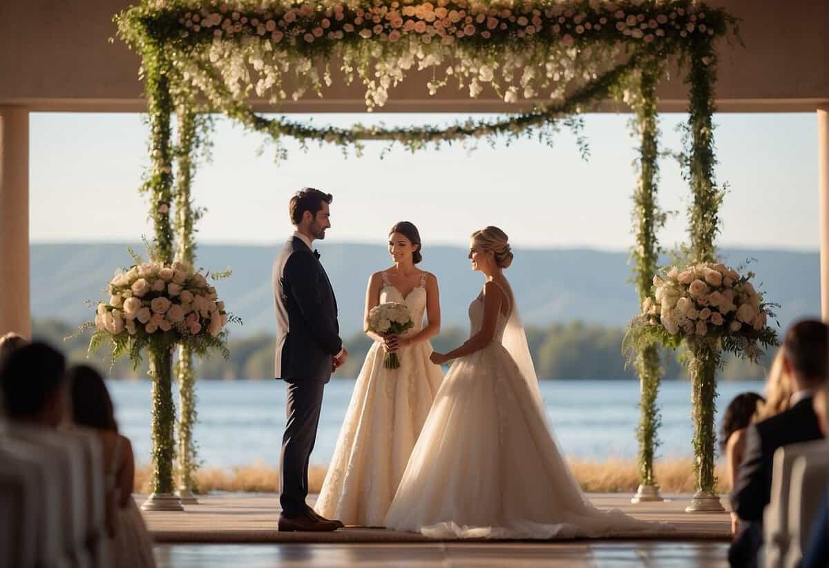 Two figures stand before an empty wedding altar, facing each other with anticipation. The setting is serene, with soft lighting and a hint of romance in the air
