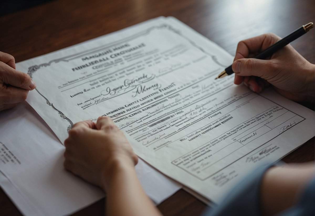 A marriage certificate being signed by a couple without any witnesses present