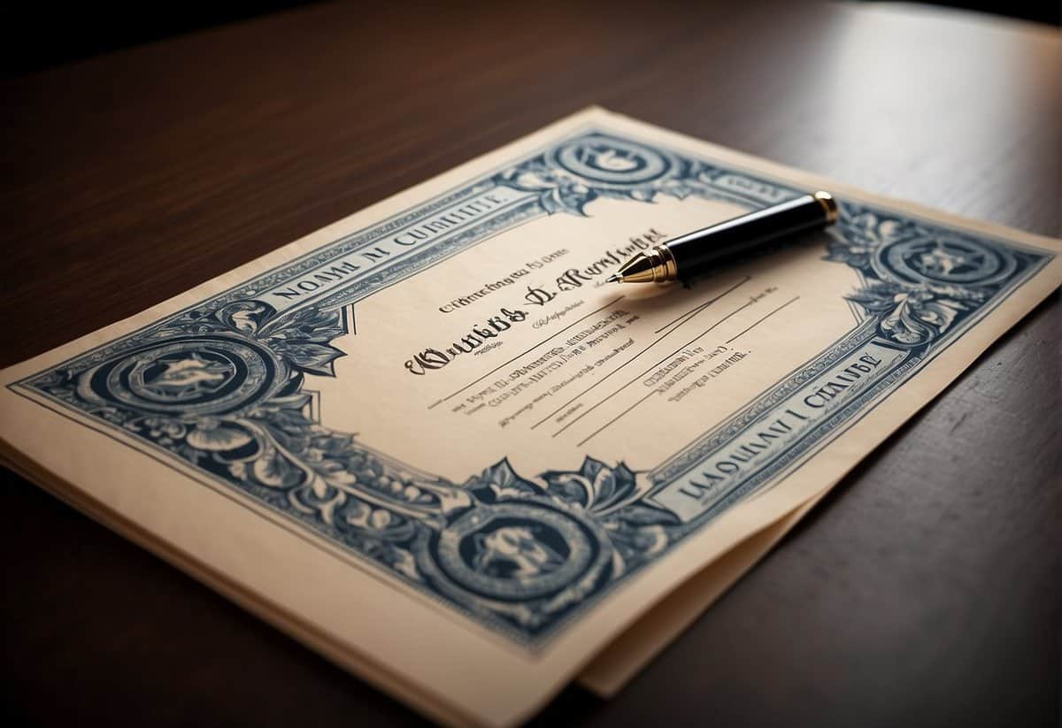 A marriage certificate laying on a table, with an empty space for witness signatures