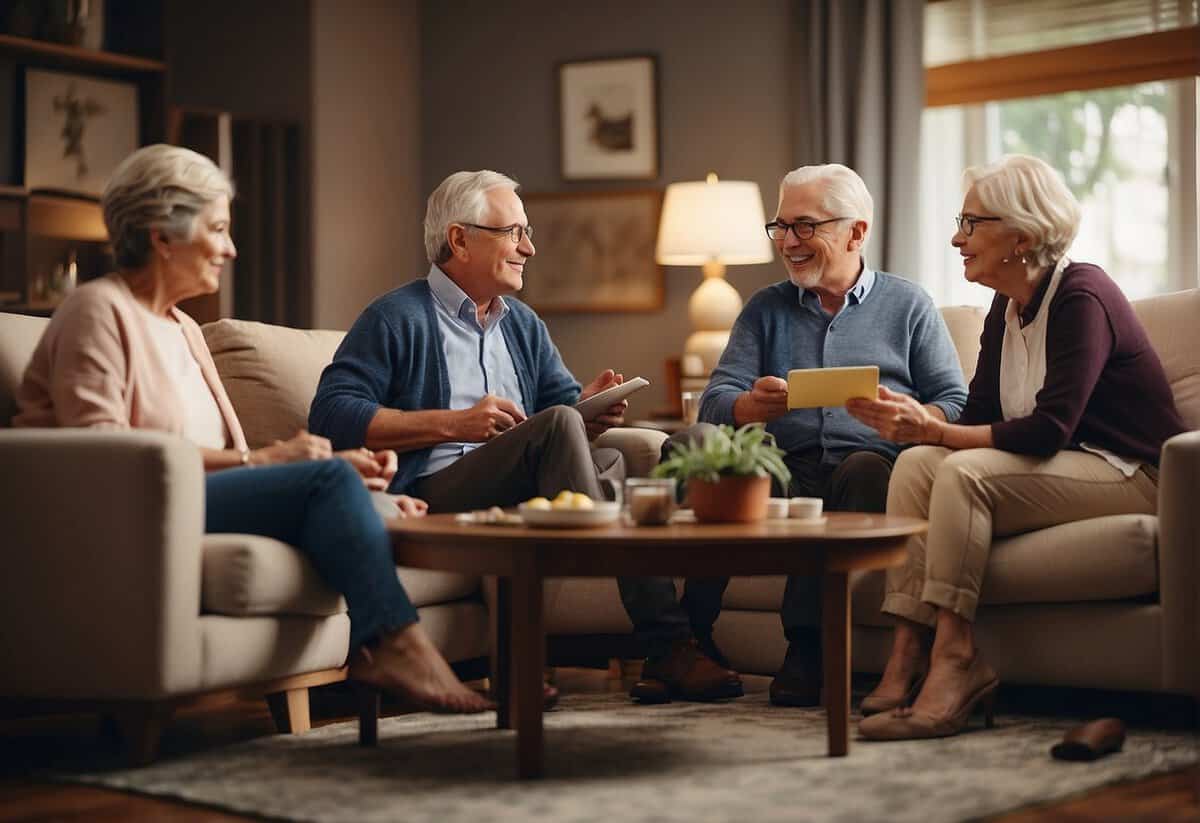 Several older couples discussing marriage statistics and trends in a cozy living room setting