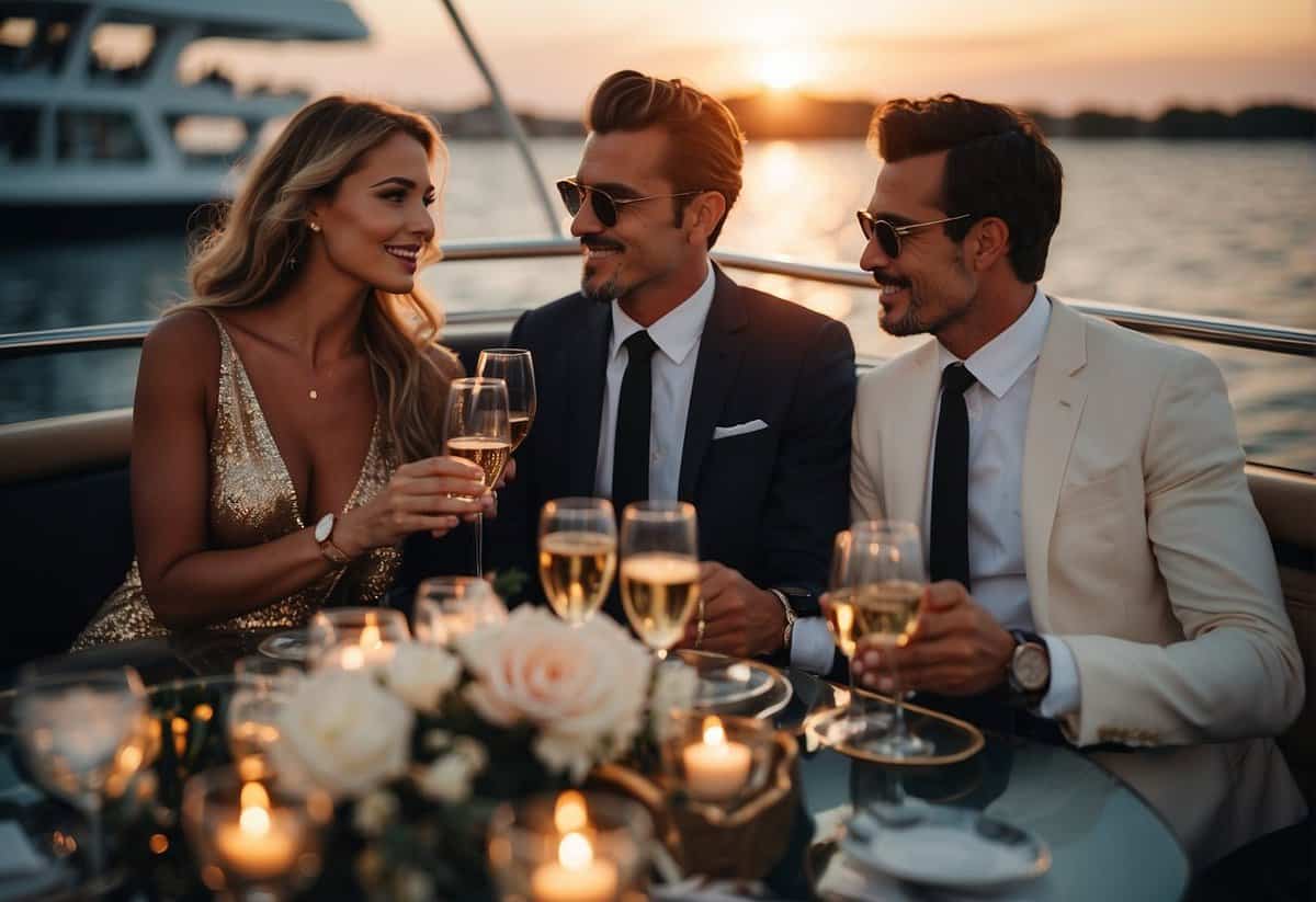 A luxurious yacht party with elegant decor, champagne, and a stunning sunset view. Rich men in tailored suits mingle with sophisticated women in designer gowns, exuding confidence and charm