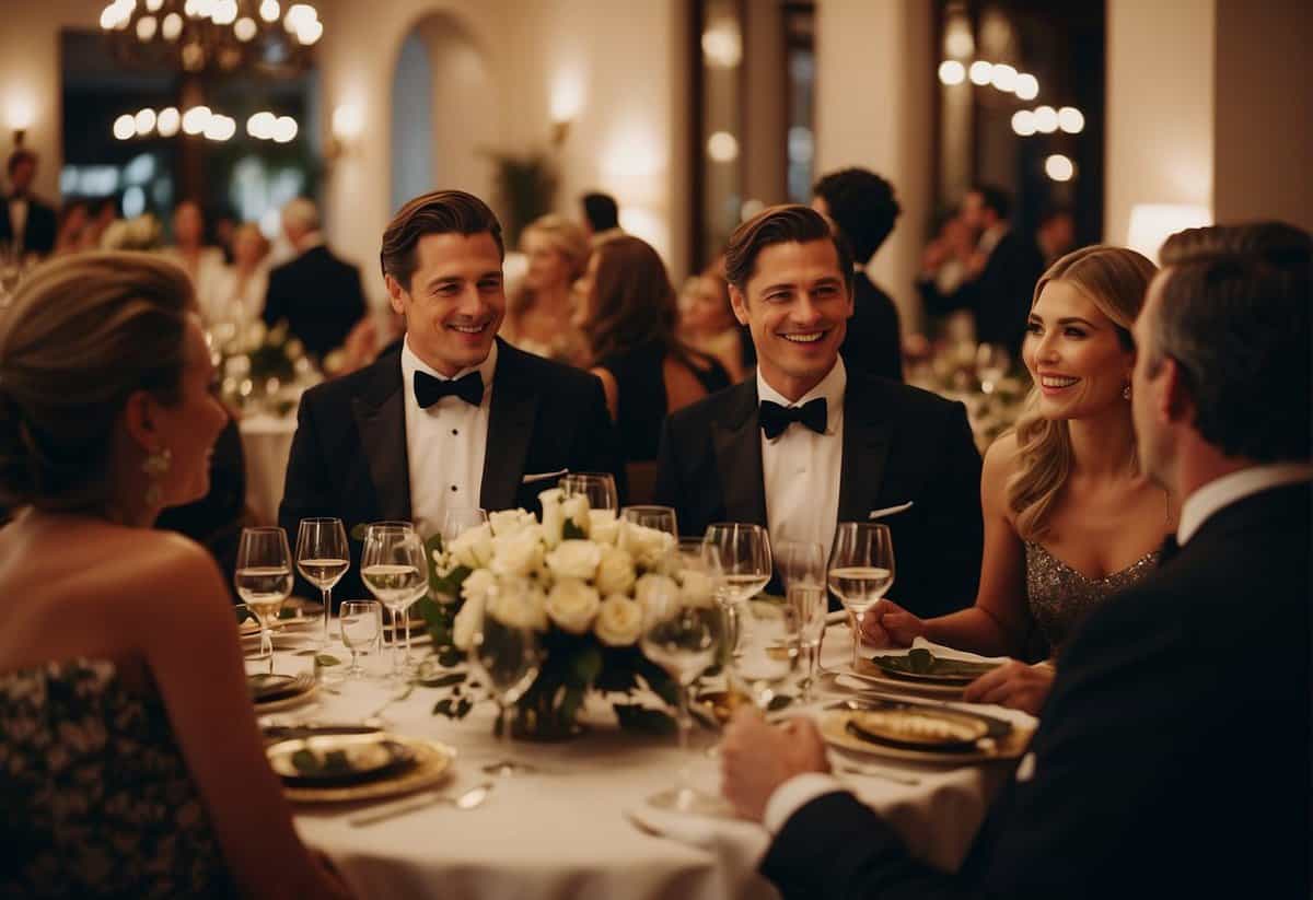 A luxurious dinner party with elegant decor and affluent guests mingling, laughing, and forming genuine connections