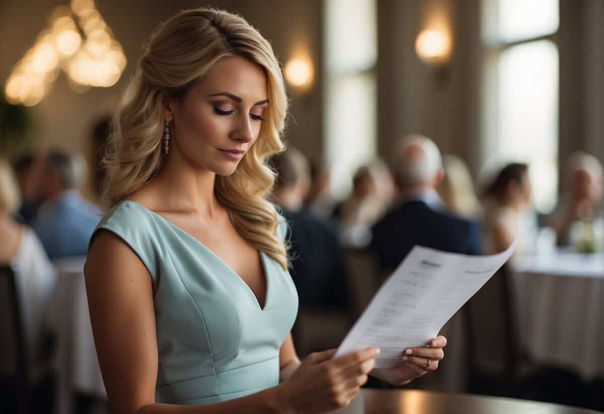 A bridesmaid holds a budget sheet, pondering over dollar amounts. She considers the balance between financial contribution and active participation in the wedding