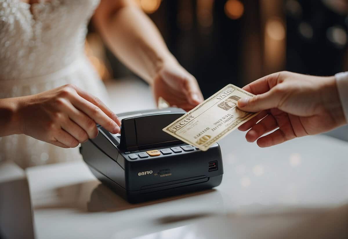 A hand holds a credit card while a receipt for a maid of honor dress is being handed over at a bridal boutique