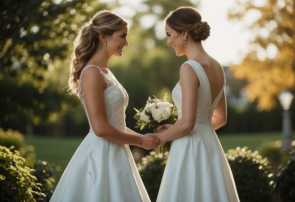 A bride and maid of honor discuss dress style, color, and fit. They consider who will cover the cost of the maid of honor's dress