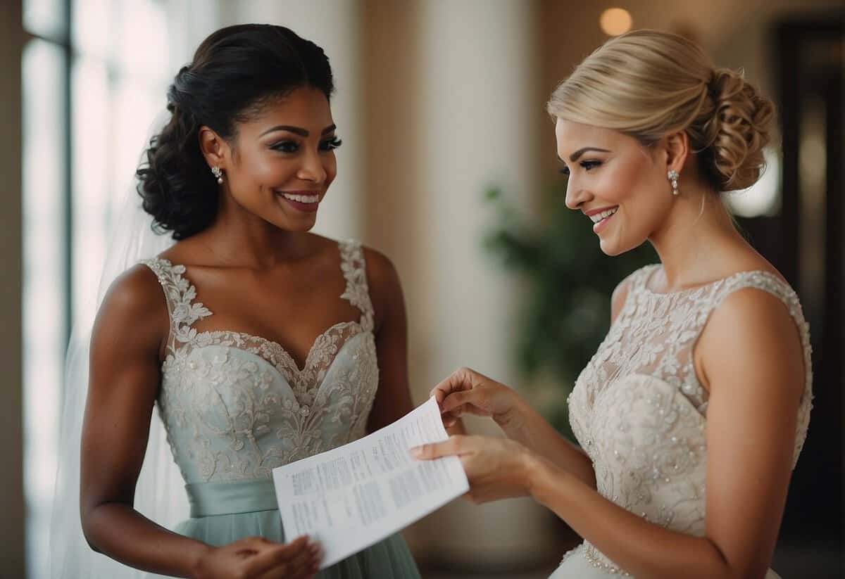 The bride and maid of honor discussing payment for the dress, with a list of additional costs in the background