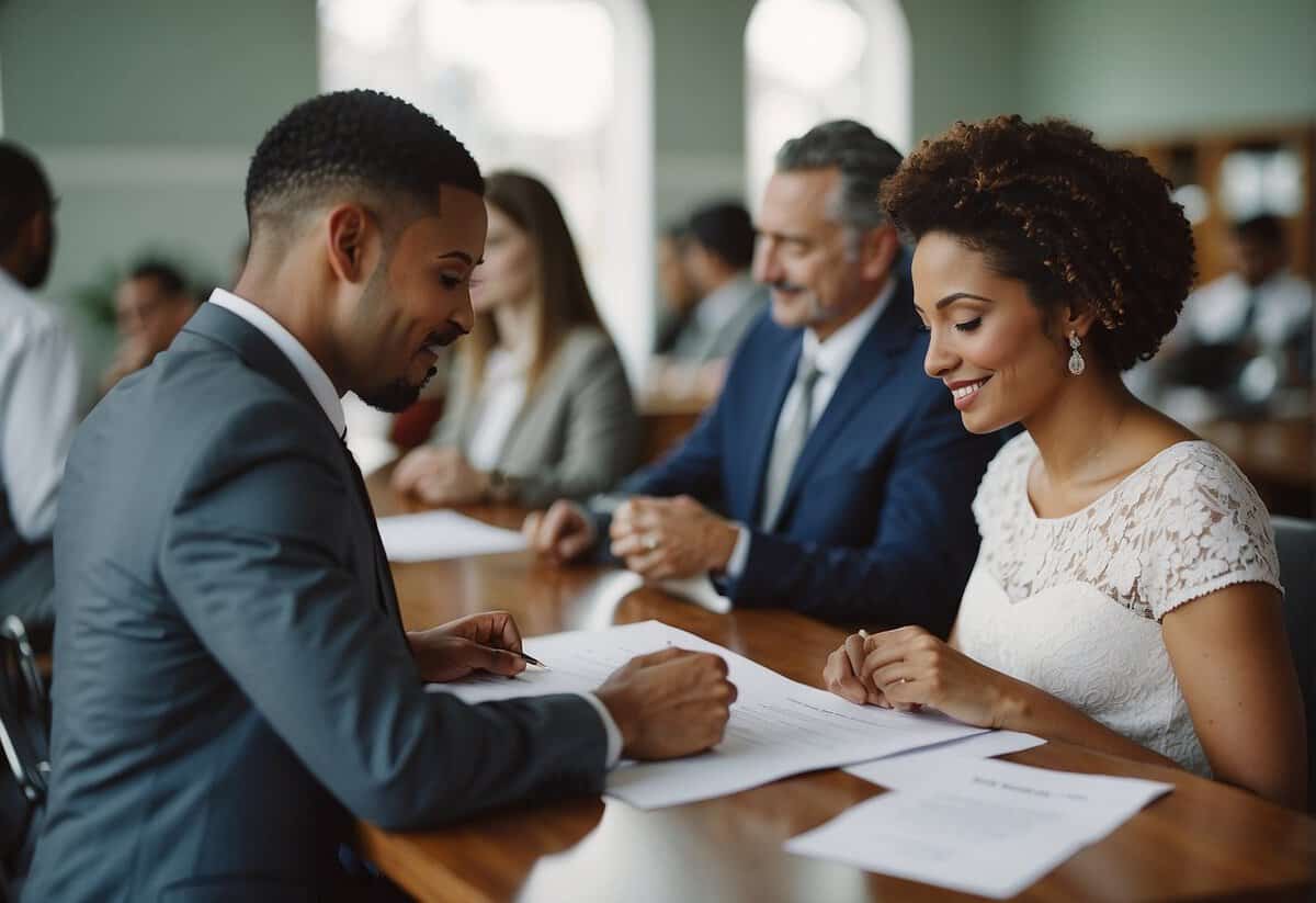 A couple signing marriage documents at a local registry office