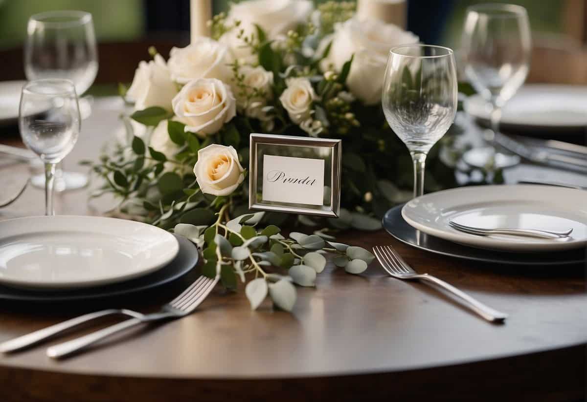 A table with two separate sets of place settings, one on each side. A wedding bill split in half, with each parent's name next to their respective portion