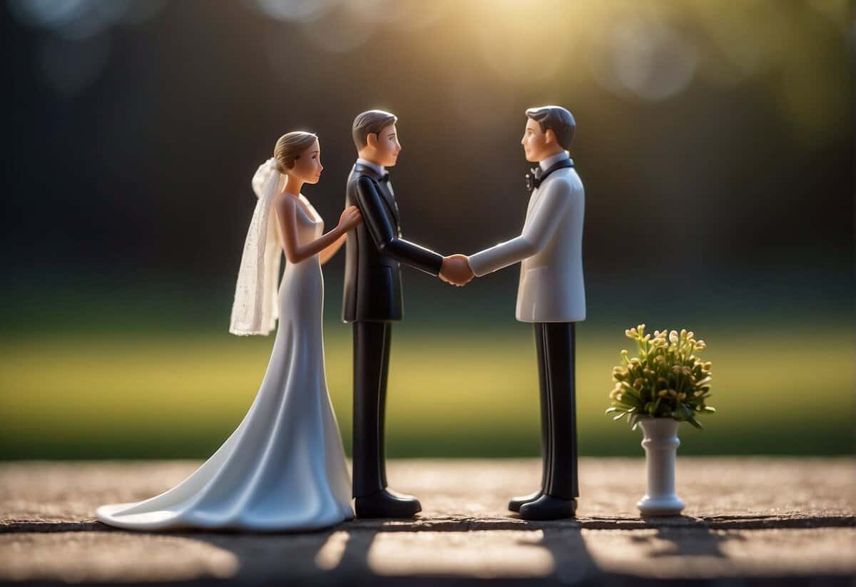 A figure stands between two separate entities, symbolizing the giving away of the bride by divorced parents