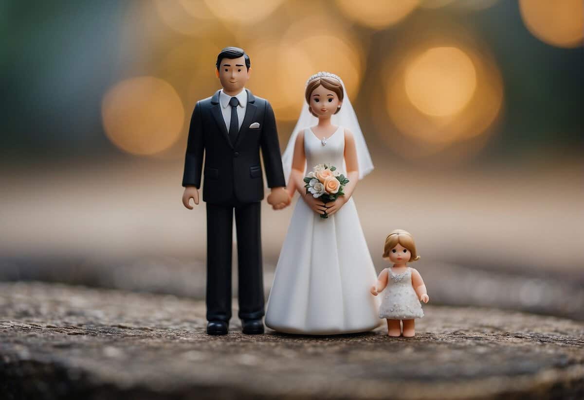 A figure stands between two separate entities, symbolizing the division of the bride's parents