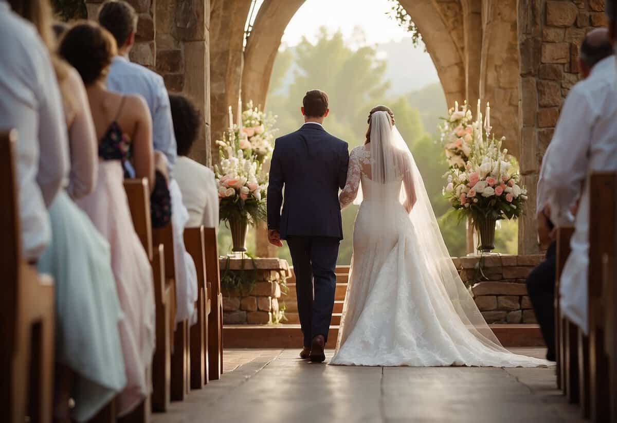 A figure stands alone at the altar, holding the bride's hand as she walks down the aisle. Two empty chairs are placed on either side, symbolizing the absence of her divorced parents