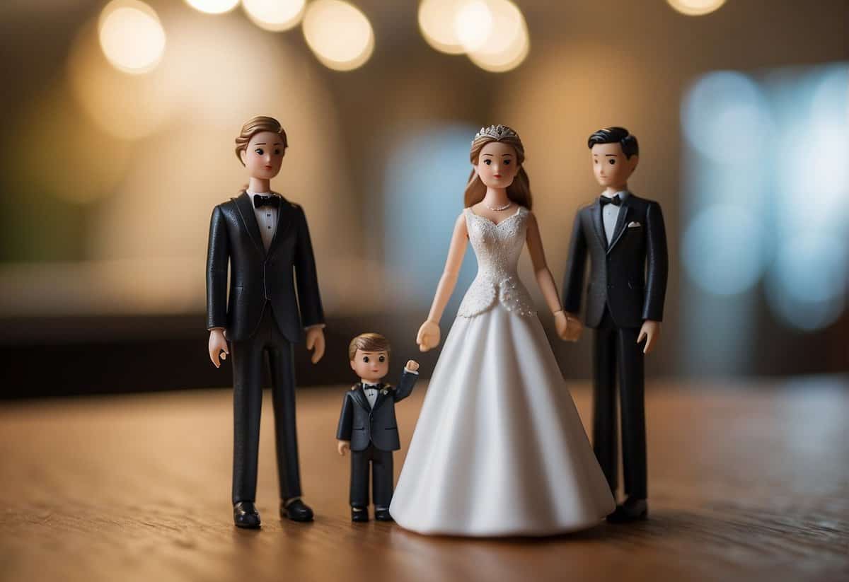 A figure stands between two separate entities, symbolizing the division of parents, while the bride looks on, torn between conflicting emotions