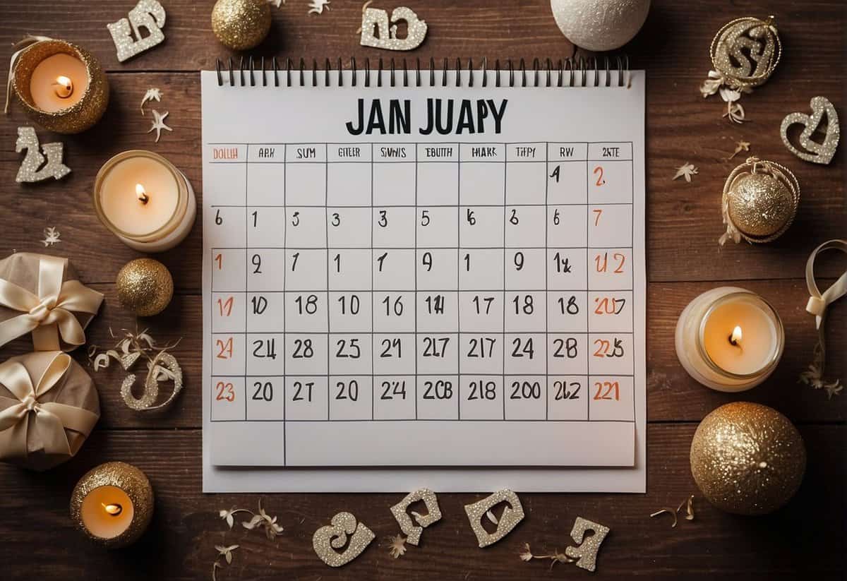 A calendar with the month of January highlighted, surrounded by wedding decor and symbols of cost savings, such as dollar signs and discount tags