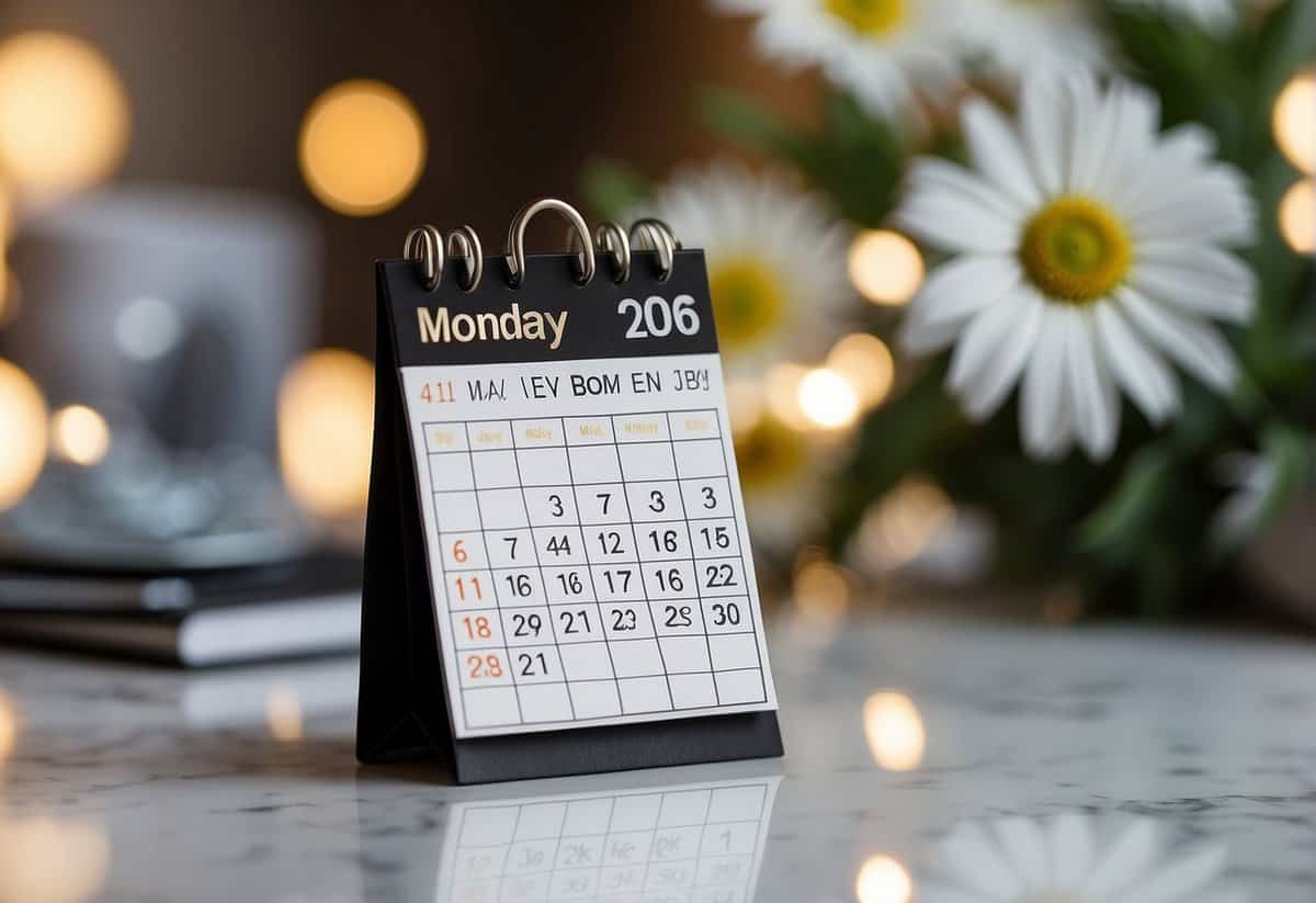 A calendar with highlighted weekdays, showing Monday as the cheapest day to get married