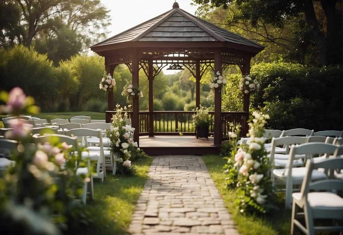 A tranquil outdoor setting with a small wedding gazebo, surrounded by lush greenery and blooming flowers. A sign nearby indicates "Weekday Weddings - Special Rates Available."
