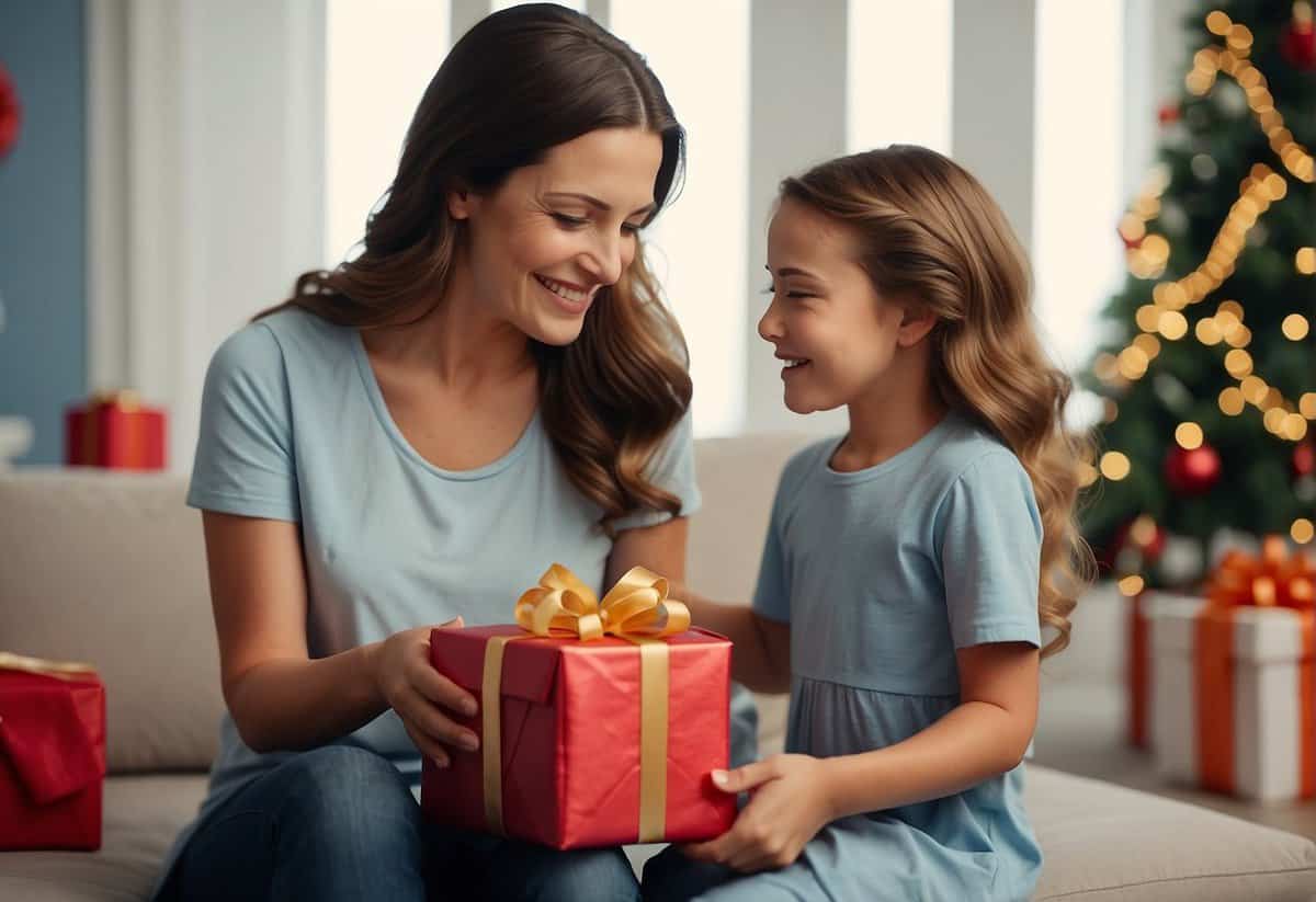 The mother presents a wrapped gift to her daughter