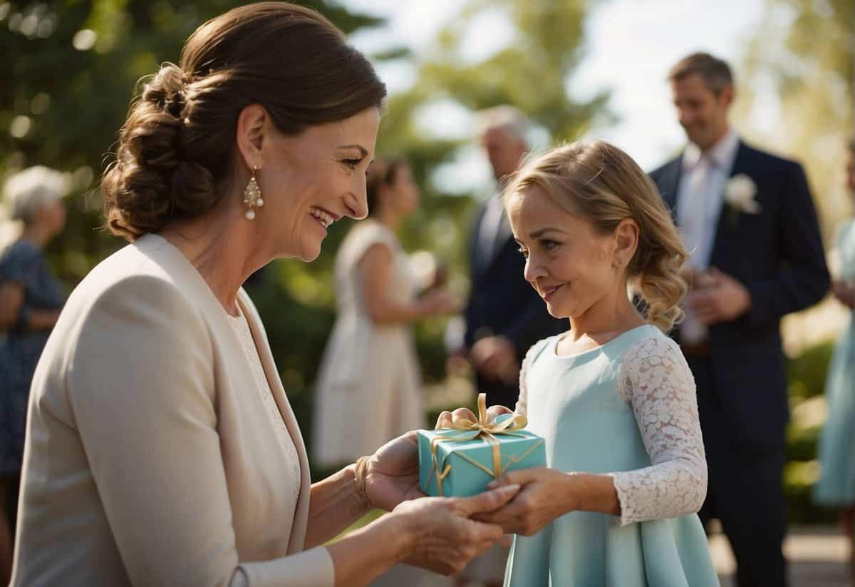 The mother of the bride presents a carefully wrapped gift to her daughter, symbolizing the passing down of family traditions and expressing love and support
