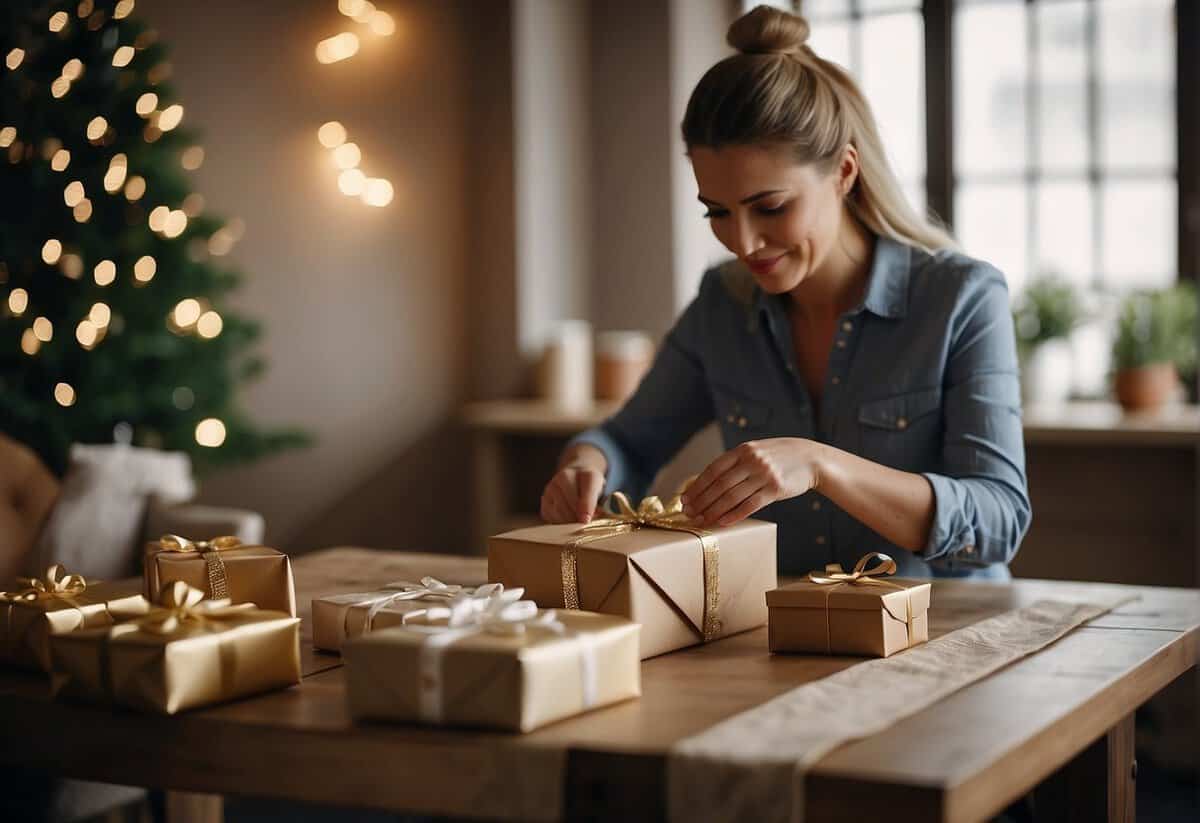 Mother prepares gift, wrapping it with care and placing it on a table