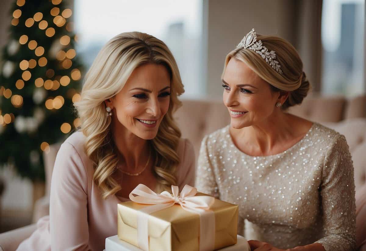 The mother of the bride presents a thoughtful gift to her daughter, symbolizing love and support on her special day