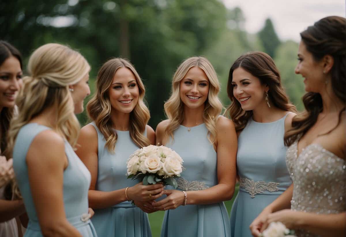 Bridesmaids present a gift to the bride at a wedding celebration