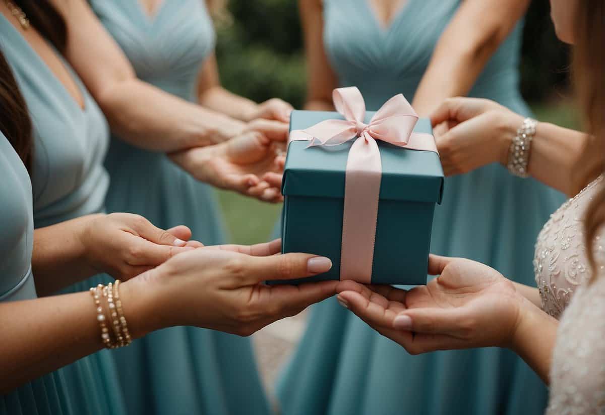 Bridesmaids present gift to bride