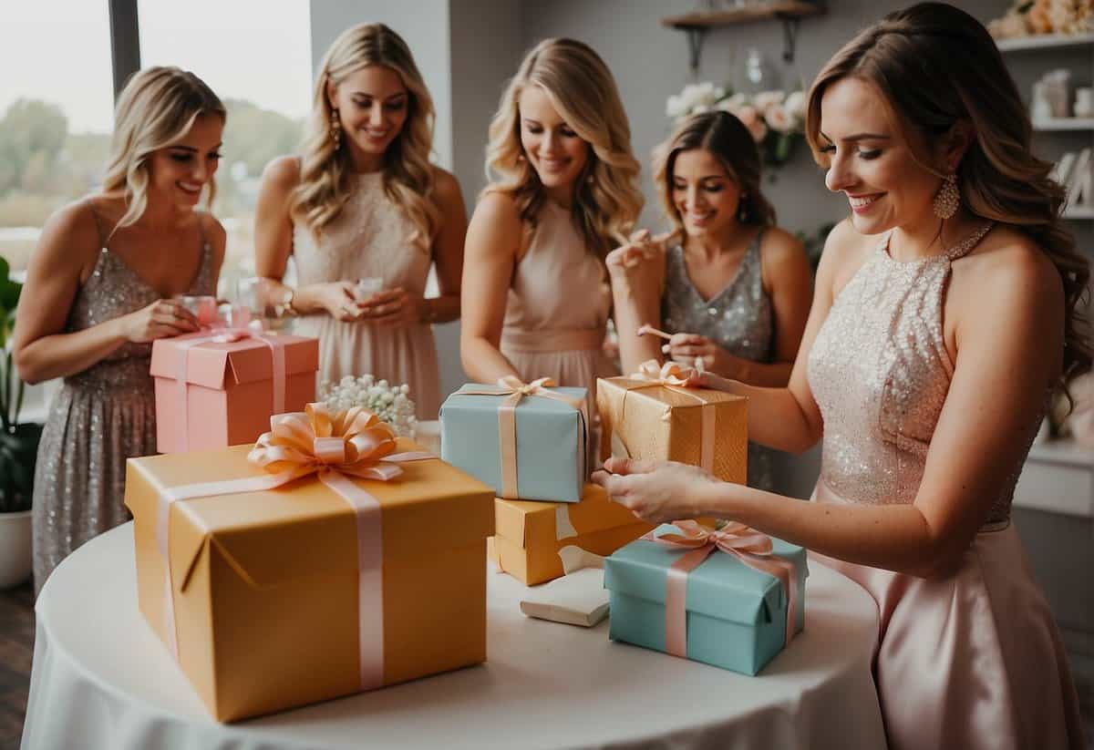 Bridesmaids browsing gift options for the bride, surrounded by colorful packages and decorations