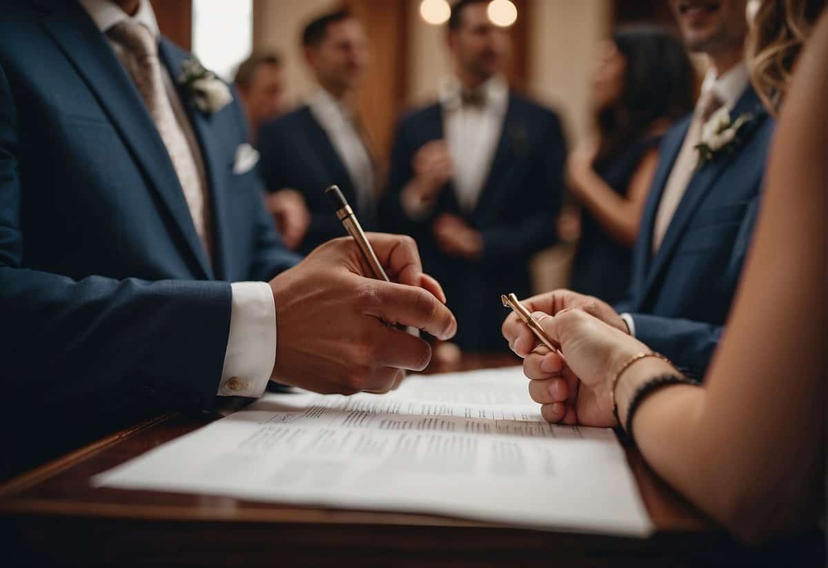 Two figures stand before a legal document, one holding a pen. A celebratory atmosphere fills the room as the officiant declares the marriage official