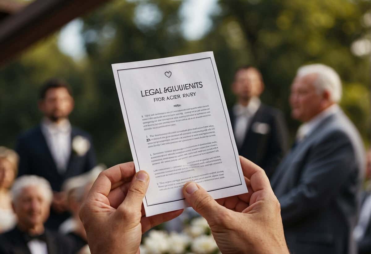 An officiant holds a legal document while standing at a wedding altar. Text reads "Legal Requirements for Officiants" and "Can a friend legally marry you?"