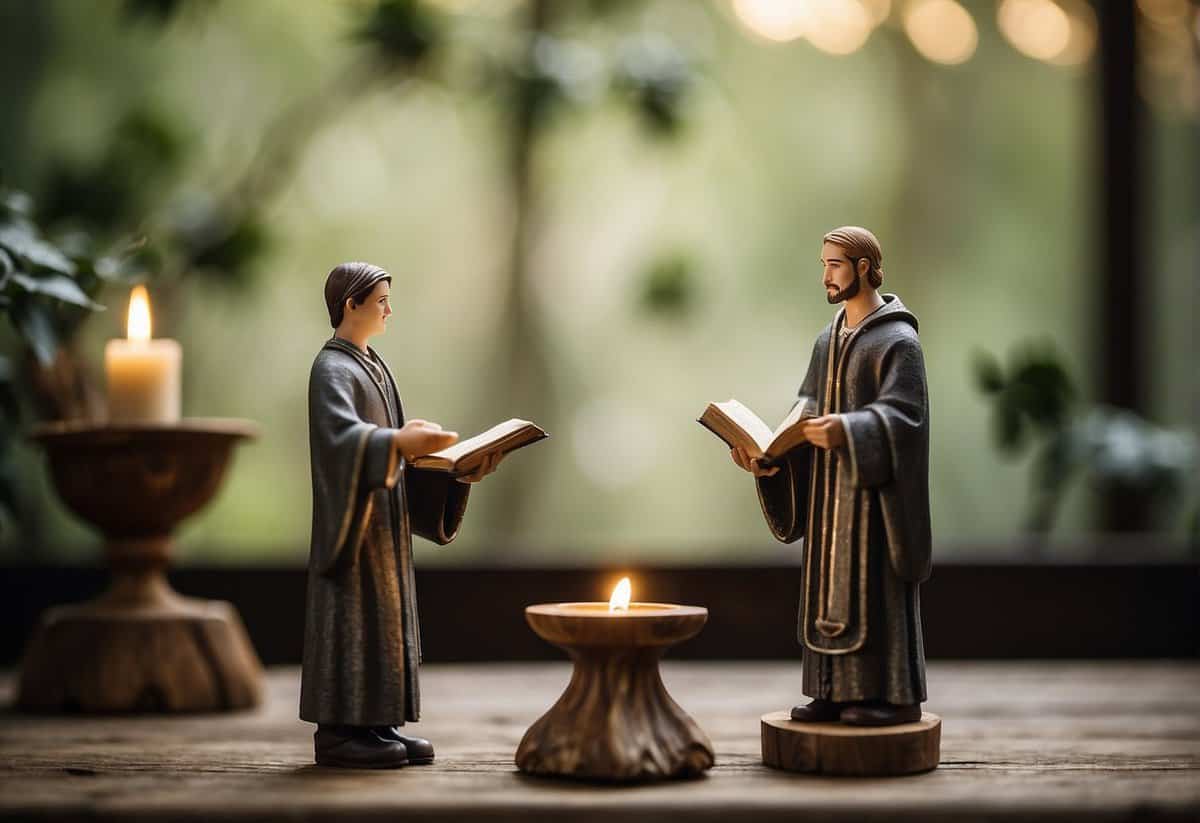 Two figures stand before a small, rustic altar. One figure holds a book, while the other gestures towards it, symbolizing a friend officiating a wedding ceremony