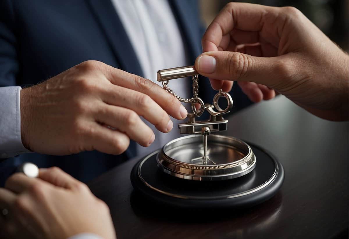 A couple's hands holding a scale, with a wedding ring on one side and a key on the other, symbolizing the decision between marriage and cohabitation
