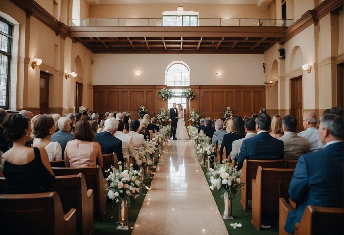 A simple wedding in a courthouse with minimal decor and a small number of guests