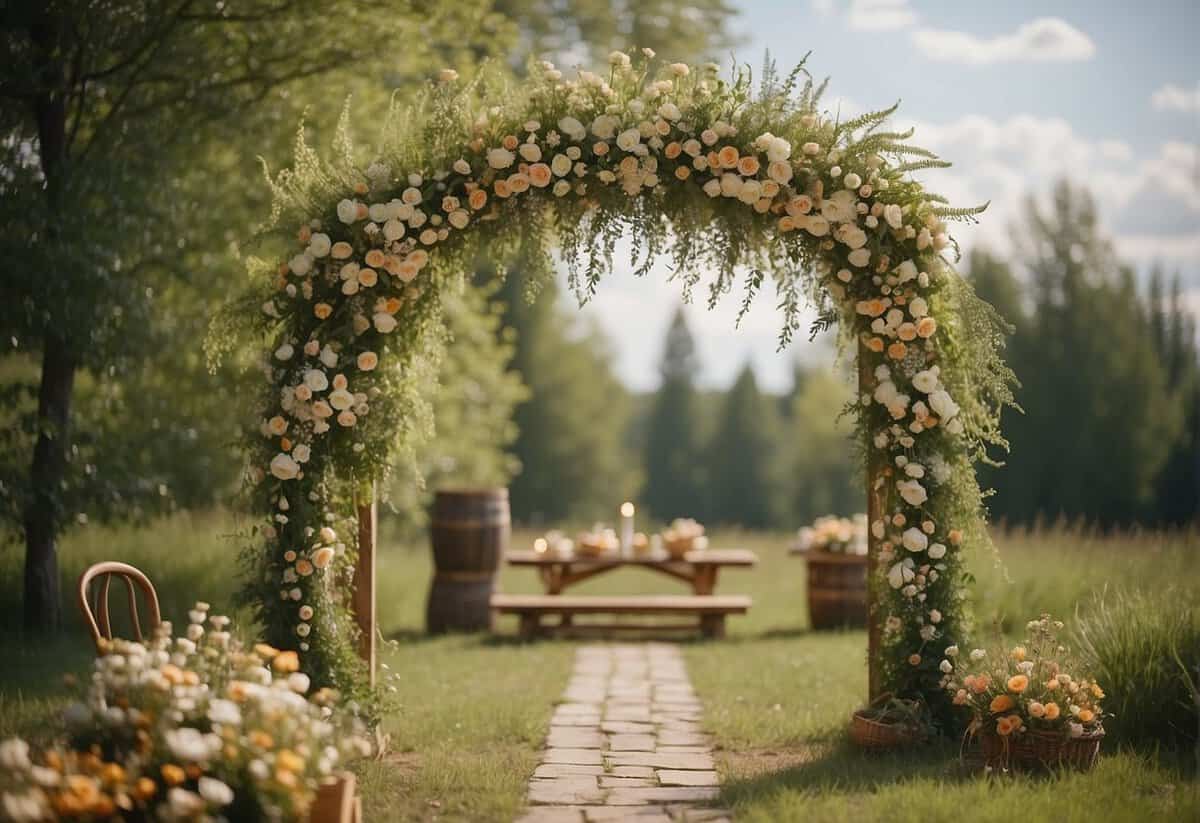 A simple outdoor ceremony with wildflowers and a handmade arch. A picnic-style reception with homemade food and DIY decorations