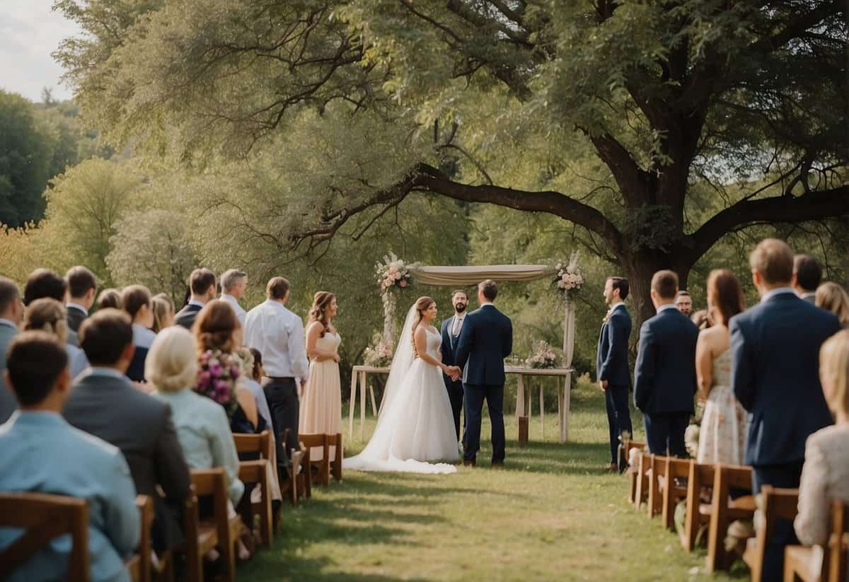 A simple outdoor wedding ceremony with a couple standing under a tree, surrounded by nature and a few close friends and family members
