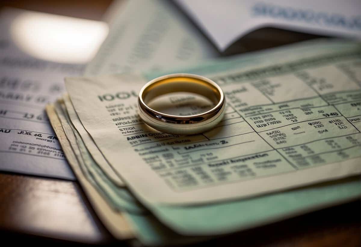 A wedding ring and a stack of bills on a table, with a price tag comparison chart in the background