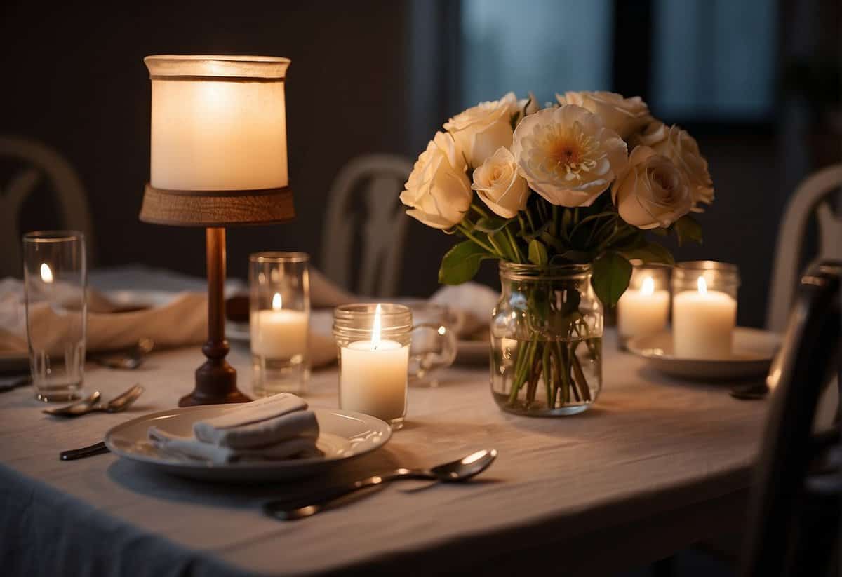 A cozy table set for two, with soft candlelight and a bouquet of fresh flowers. A handwritten note with loving words sits beside two empty chairs