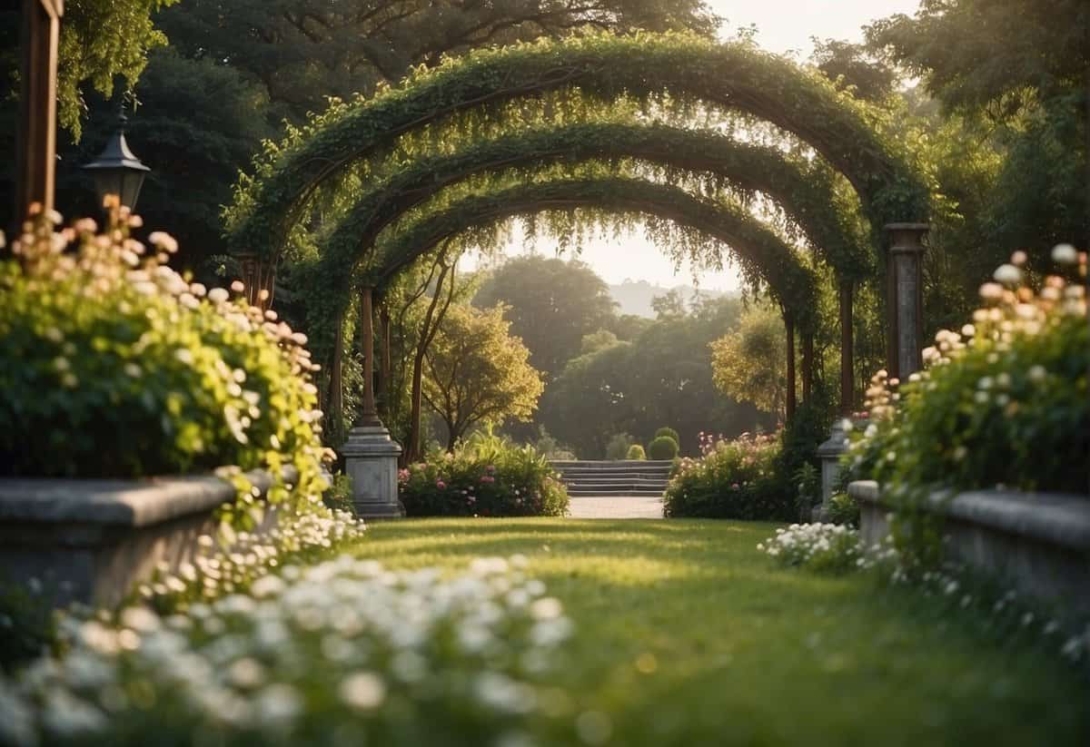 A serene garden with intertwining vines and blooming flowers, symbolizing the growth and strength of a couple's connection and commitment